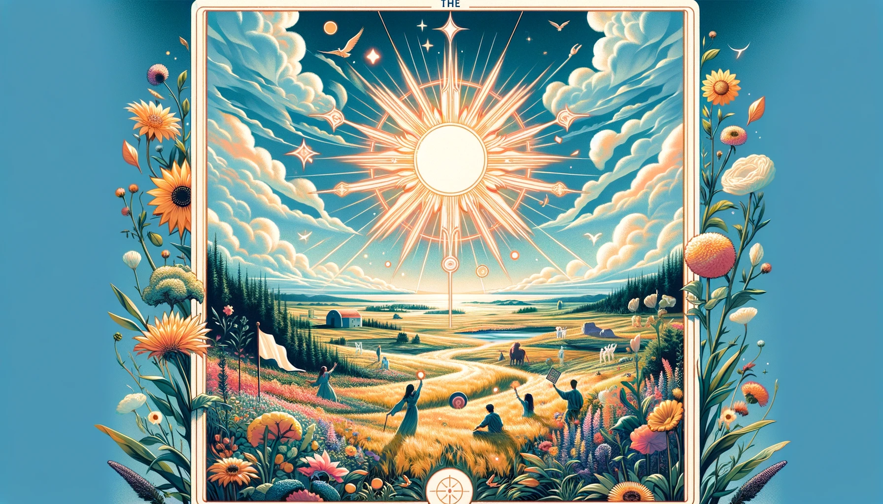 "Illustrations symbolizing the radiant and optimistic energy of 'The Sun' Tarot card in situational readings. Reflects clarity, success, and enlightenment, emphasizing resolution of conflicts, harmony, and the realization of one's highest potential."