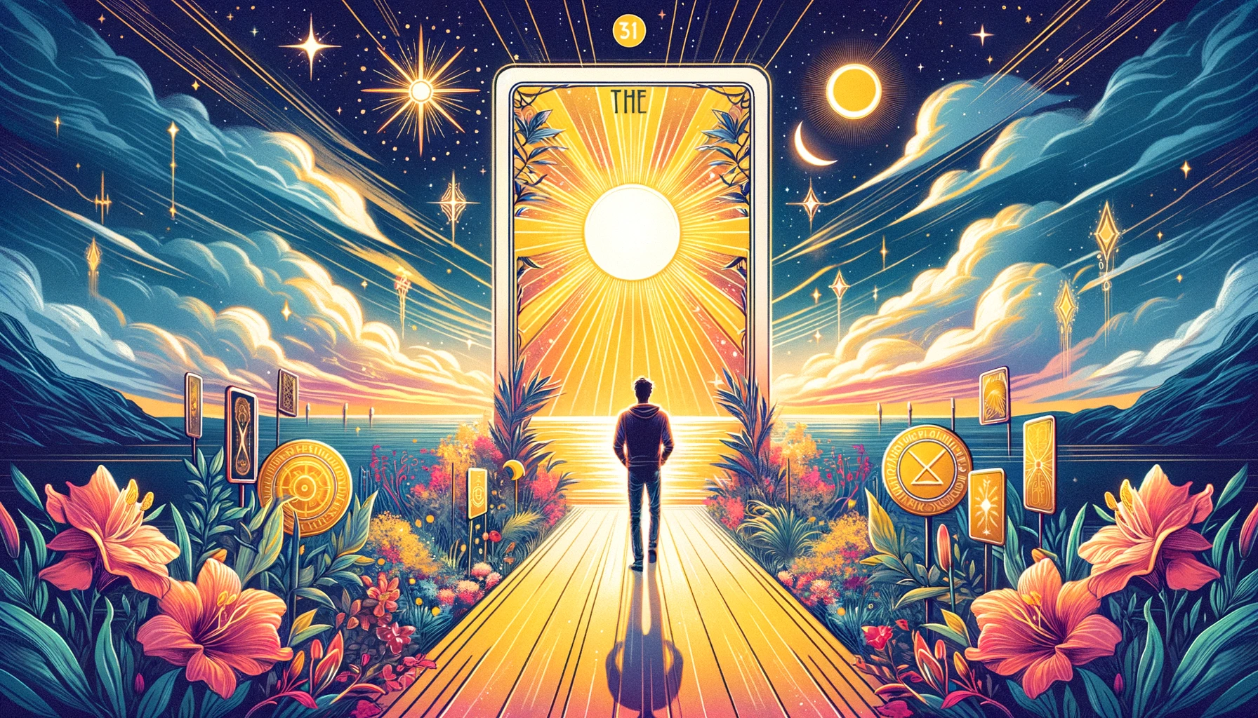 "Depiction capturing the positive energy, certainty, and affirmation associated with 'The Sun' Tarot card in tarot readings. Sets a bright and encouraging tone for discussing the card as a clear 'yes' in yes or no tarot readings, emphasizing its link to positive outcomes and encouragement to pursue goals."