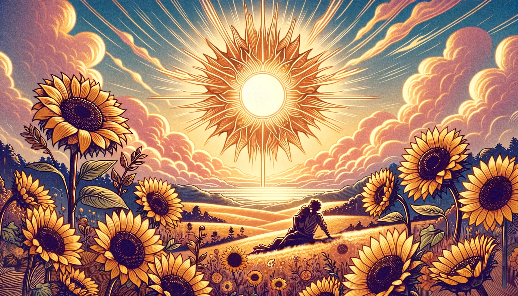 "Images reflecting the radiant and life-affirming energy of 'The Sun' Tarot card, symbolizing warmth, happiness, and fulfillment. Represents feelings of joy, optimism, and the warmth of human connections, highlighting the satisfaction of deep emotional bonds and the celebration of life's blessings."