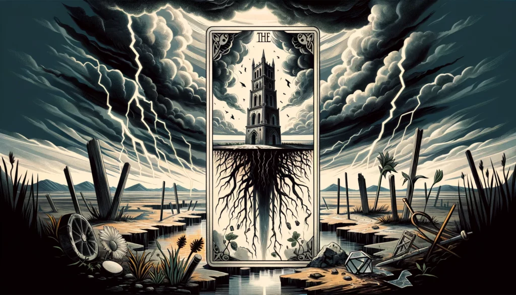  "An illustration depicting a sturdy tower being struck by lightning, with people falling from its heights, symbolizing themes of resisting change, fear of upheaval, and denial of necessary transformation. It sets an engaging tone of caution and anticipation for your article discussing 'The Tower' in its reversed position."

