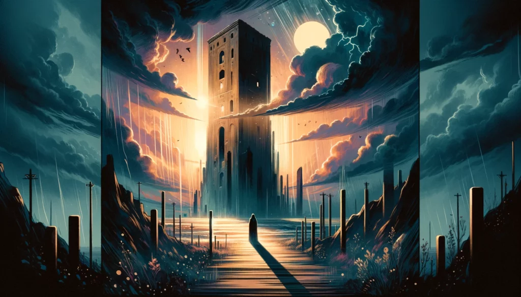  "An illustration symbolizing the emotional landscape of avoiding or denying the truth, the fear of upheaval, and the resistance to confront or accept necessary change. It sets an engaging tone of apprehension with a glimmer of hope for your article discussing 'The Tower' in its reversed position as an exploration of feelings."