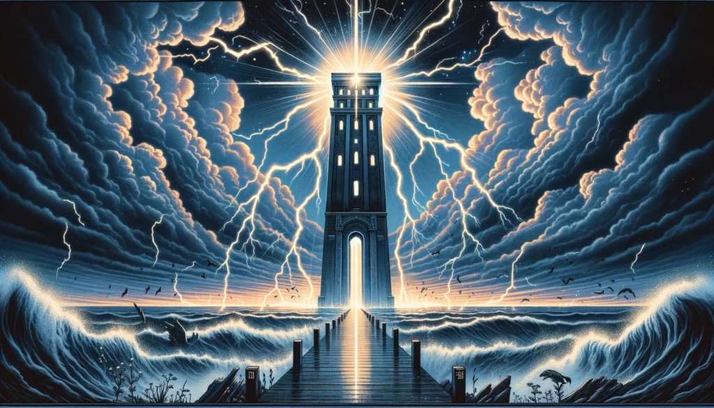 "An illustration depicting a tower being struck by lightning, symbolizing intense emotions of shock, disruption, and the sudden realization that leads to the breaking down of illusions. It sets a powerful tone for your article discussing 'The Tower' in its upright position as an exploration of feelings."