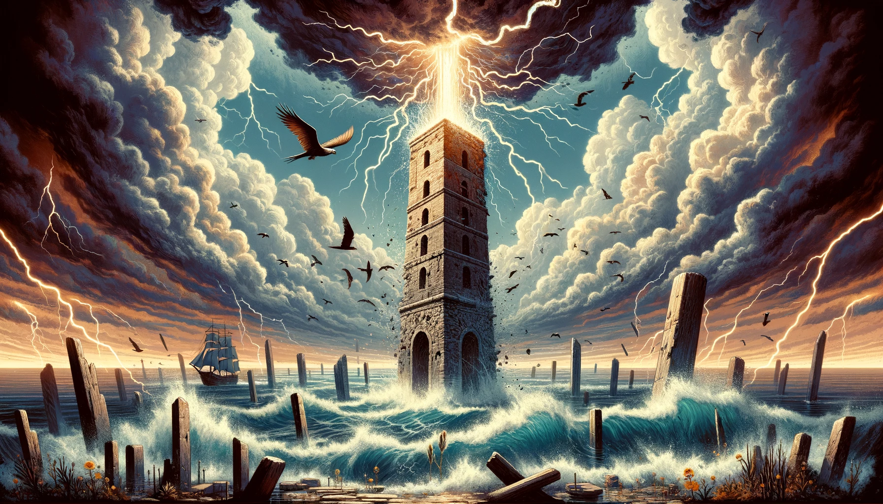 "An image depicting a tower struck by lightning, symbolizing moments of shock, revelation, and the potential for emotional growth and freedom after confronting harsh realities. It sets a transformative and cathartic tone for your article discussing 'The Tower' Tarot card as an exploration of feelings."