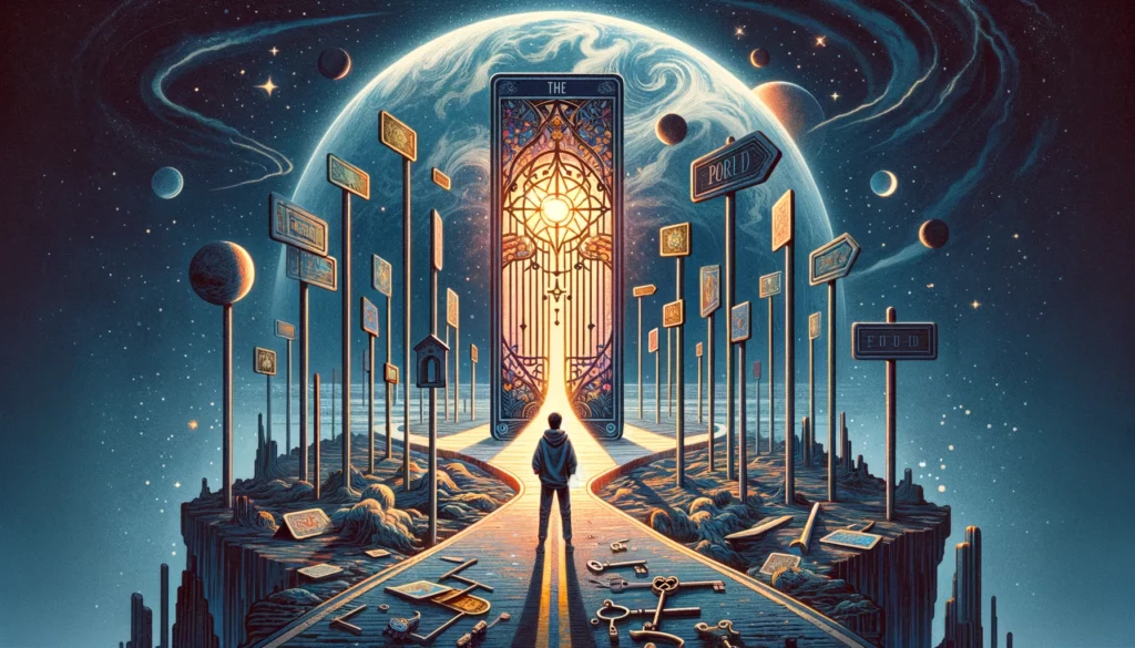  "Illustration representing incomplete closure and unresolved issues with 'The World' Tarot card in reverse. Depicts symbolic elements suggesting challenges of moving on and the journey towards completion and self-discovery despite obstacles. Symbolizes hopeful determination and potential for growth amidst unresolved issues."





