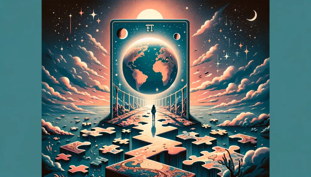 "Illustration representing themes of incomplete journeys, the search for personal fulfillment, and the challenges of feeling disconnected with 'The World' Tarot card in its reversed position. Depicts a figure surrounded by unfinished symbols, symbolizing the introspective journey, the struggle for wholeness, and the opportunity for finding inner peace and reconnecting with the world."