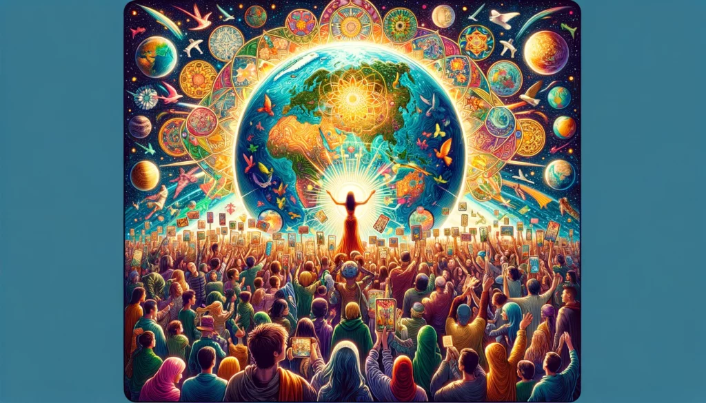  "Illustration representing fulfillment, completion, and unity with 'The World' Tarot card. Depicts a figure surrounded by symbolic elements, signifying the completion of a major chapter and the joyous beginning of a new journey. Symbolizes celebratory and universal energy of achieving global unity and personal fulfillment."





