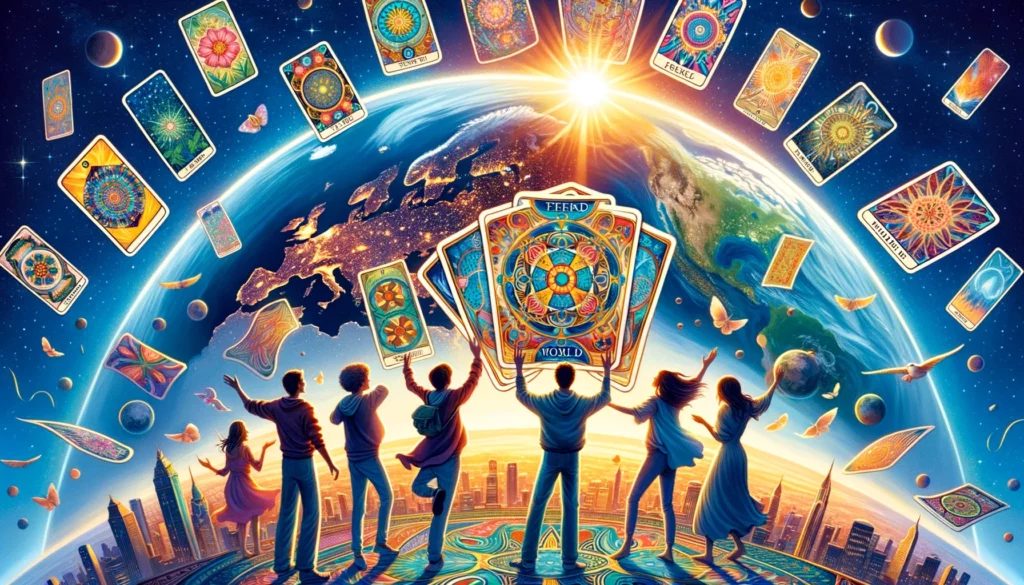 "Illustration representing the ultimate expression of joy, completion, and unity with 'The World' Tarot card. Shows a jubilant figure encircled by cosmic elements, symbolizing fulfillment, joy, and a sense of belonging, evoking celebratory and harmonious energy."





