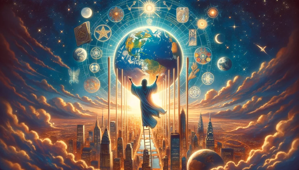 "Illustration representing the ultimate fulfillment, completion, and unity with 'The World' Tarot card in its upright position. Evokes a sense of aspiration for universal harmony and personal achievement, symbolizing the culmination of a significant journey."





