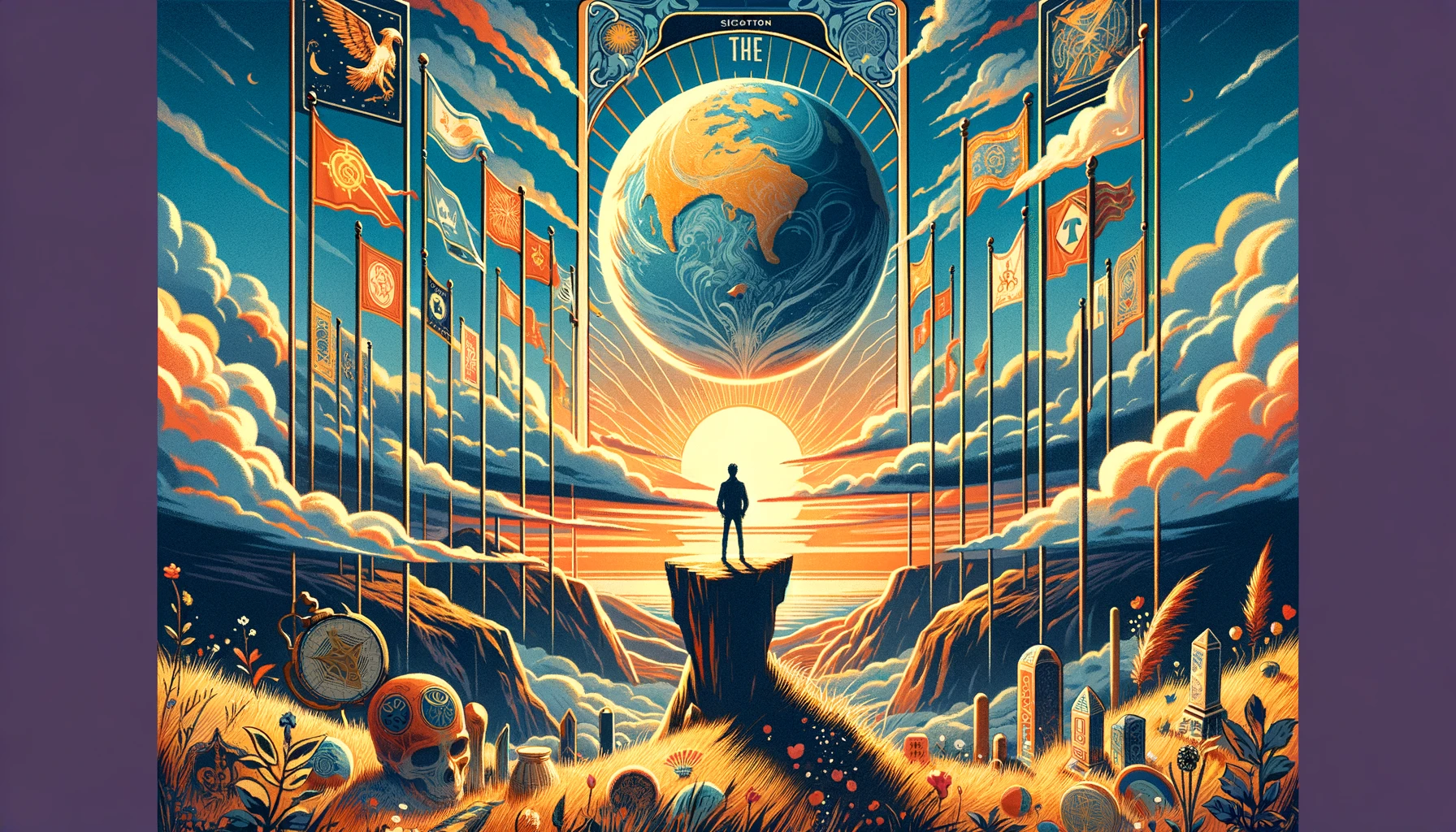 "Illustration representing completion, success, and the culmination of a long journey with 'The World' Tarot card. Depicts a figure surrounded by symbolic elements, indicating endings, transitions, and the beginning of new chapters. Symbolizes achievement and fulfillment after reaching the end of a significant phase in life."