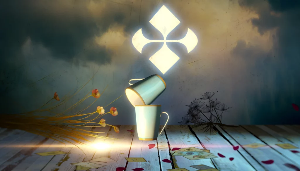  "Artwork depicting overturned or separated cups in a subdued setting, symbolizing overindulgence, miscommunication, or social disconnection. The imagery conveys cautionary themes and the need for introspection, suggesting the potential consequences of excess. Despite the subdued atmosphere, subtle elements hint at the possibility of resolution and restored connections, emphasizing the nuanced interpretation of the Reversed Three of Cups and the importance of moderation and genuine connections."