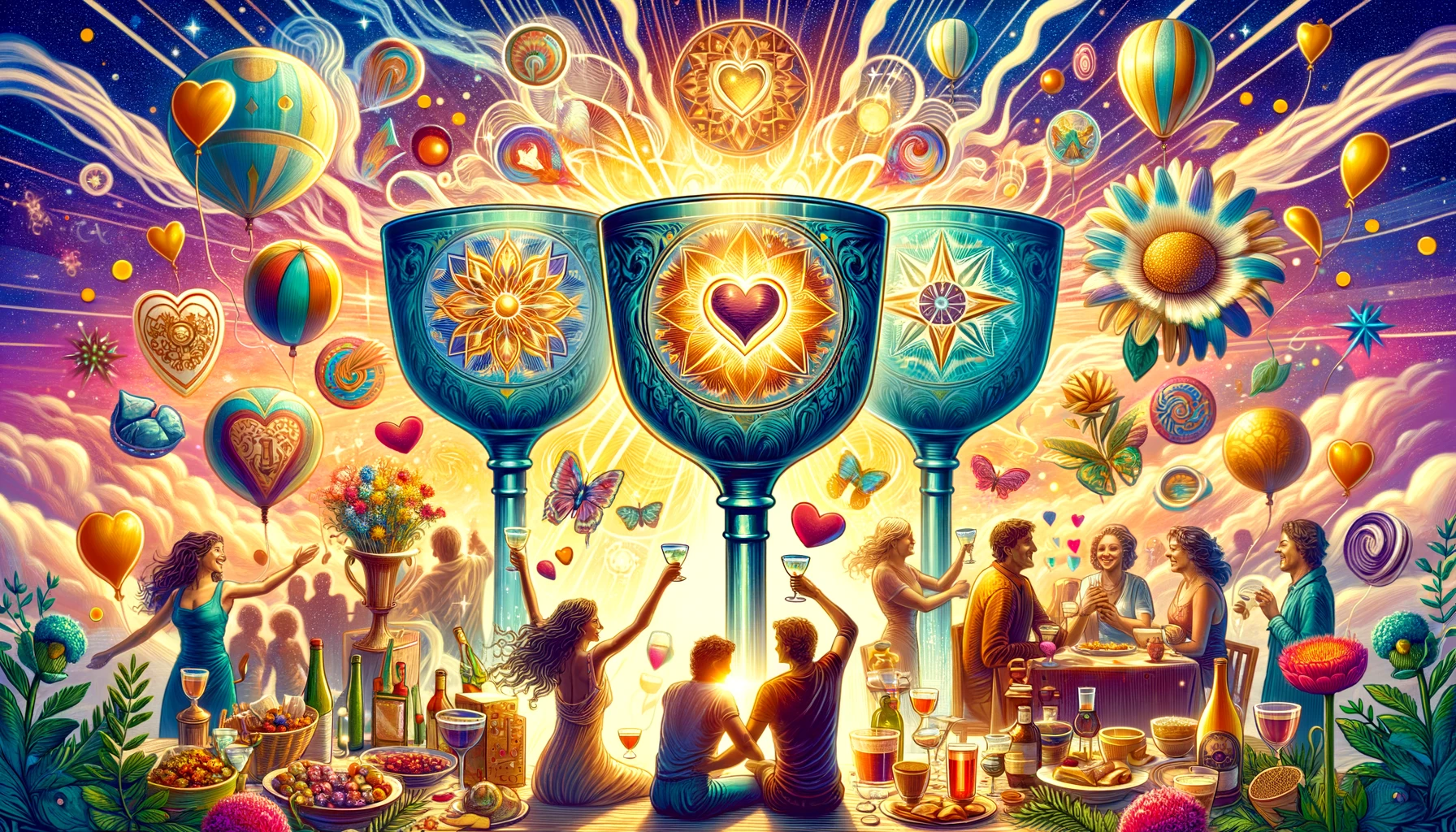 "Artwork featuring three cups symbolizing unity, set against a vibrant backdrop of festivity, conveying the joyous connections and emotional richness associated with the Three of Cups. This visualization embodies the uplifting spirit of togetherness, mutual support, and the pleasure of shared moments, highlighting the card's significance in the realm of feelings."