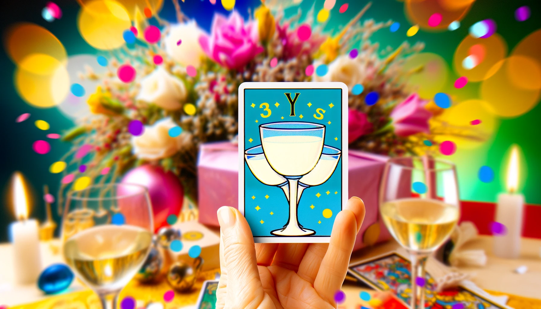"An illustration of three cups raised in a toast against a vibrant, festive background, symbolizing positive outcomes, celebrations, and community support. The scene evokes feelings of affirmation, joy, and camaraderie, reflecting the essence of the Three of Cups card in decision-making contexts. It represents a sign of communal joy and the affirmation of success in a Yes or No Tarot reading."