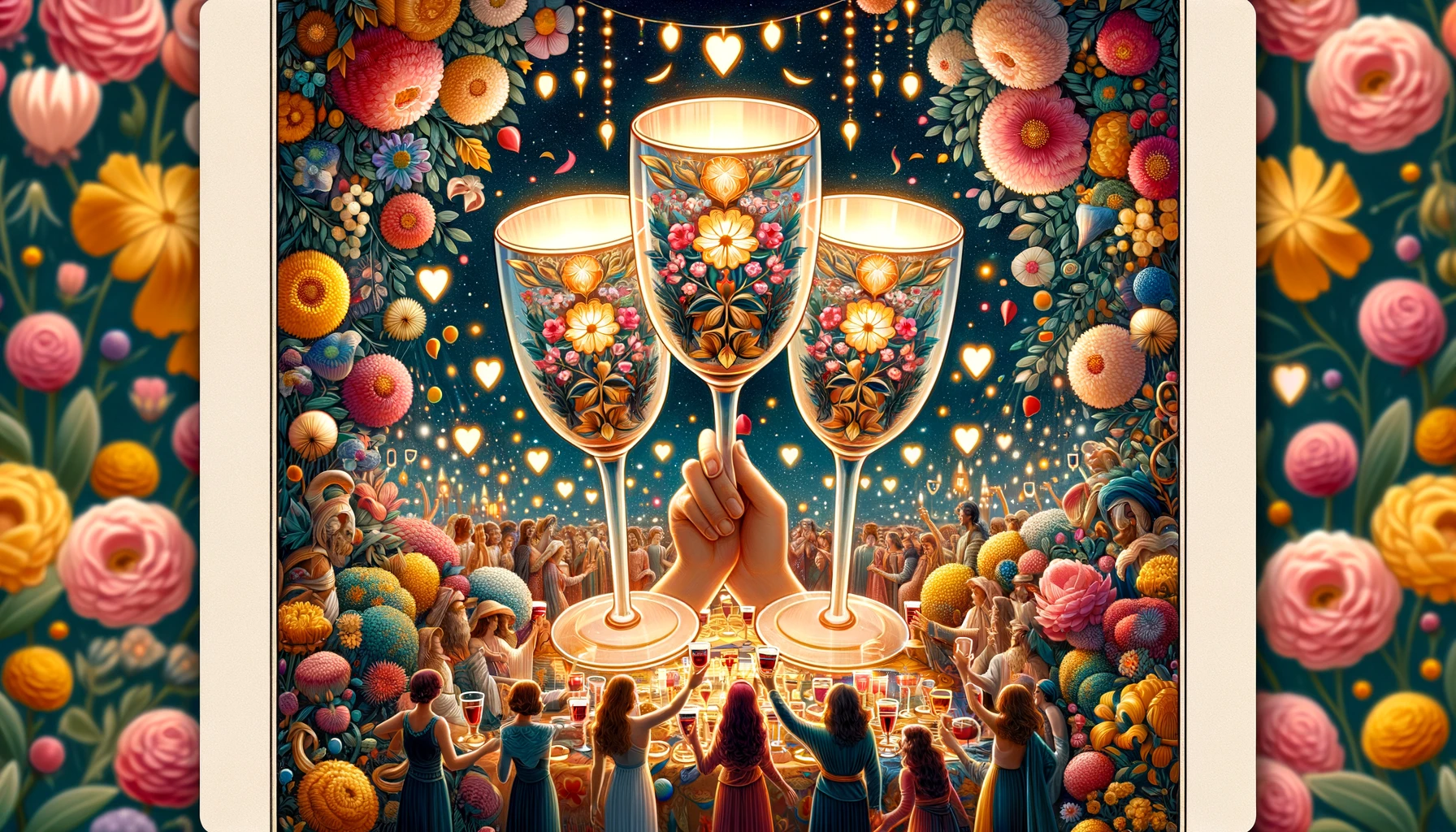 "Illustration portraying three cups surrounded by festive elements, evoking the joyous celebration of love, friendship, and unity. The vibrant setting symbolizes the abundance of joy, support, and deep emotional connections celebrated through love and camaraderie, reflecting the successful outcome of love signified by the Three of Cups."