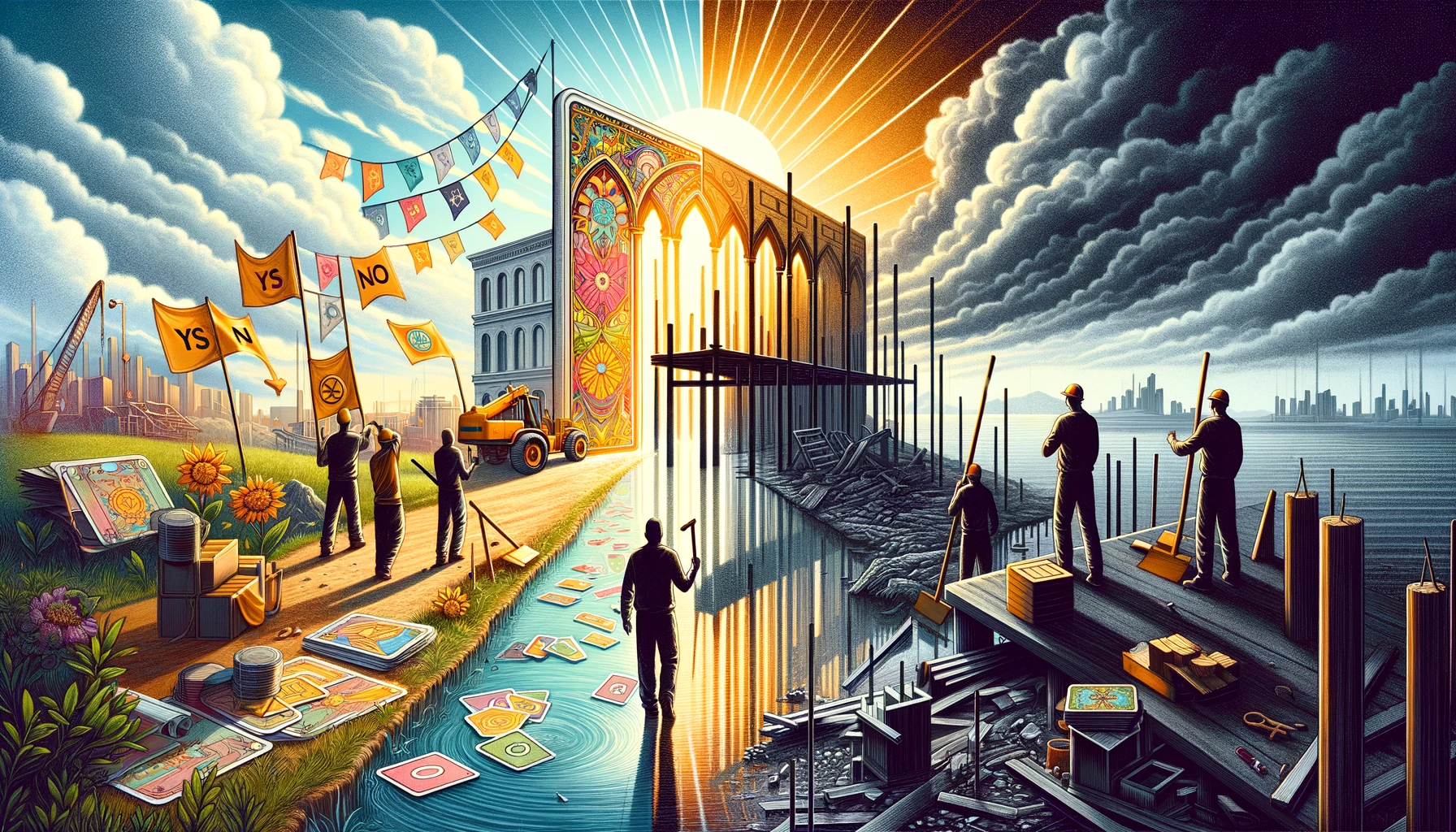 A visual comparison depicting two scenarios: on the left, a vibrant construction site symbolizing progress and teamwork ("Yes"), and on the right, an incomplete project under a cloudy sky, representing setbacks and miscommunication ("No"). This illustration emphasizes the importance of cooperation and effective communication in achieving success, as highlighted by the Three of Pentacles tarot card.