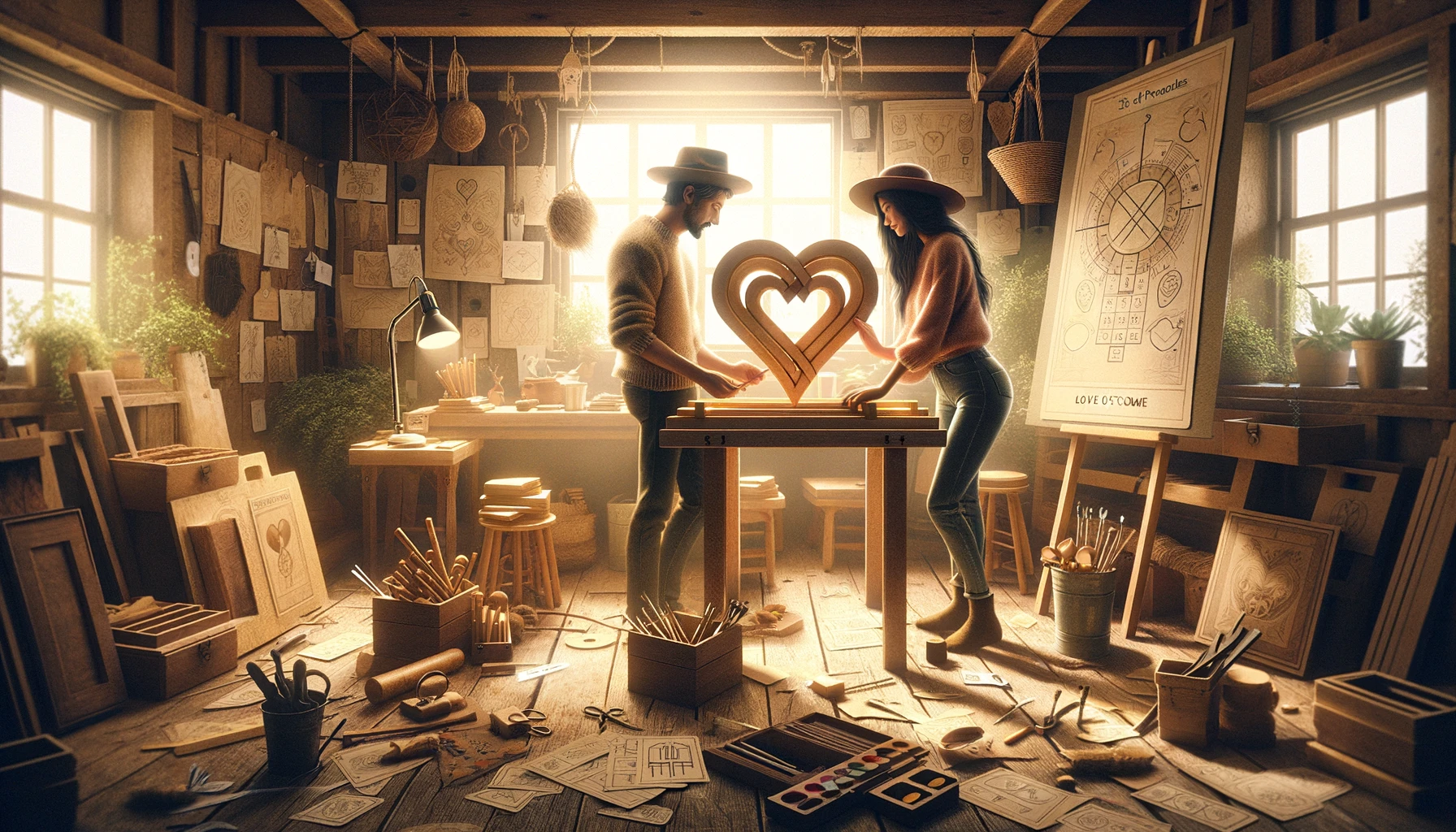 An illustration of a couple working together in a cozy workshop, building a sculpture of interlocking hearts. The scene symbolizes the construction of a strong and lasting relationship, embodying themes of teamwork, mutual support, and shared goals, as depicted in the Three of Pentacles tarot card.