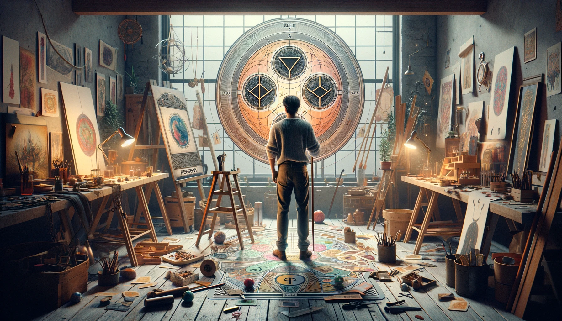 An illustration showing an individual at the center of a creative and collaborative effort, surrounded by symbols of craftsmanship, teamwork, and achievement. The scene embodies the essence of the Three of Pentacles, highlighting dedication, skill, and the ability to combine practical efforts with artistic vision towards the realization of collective goals.