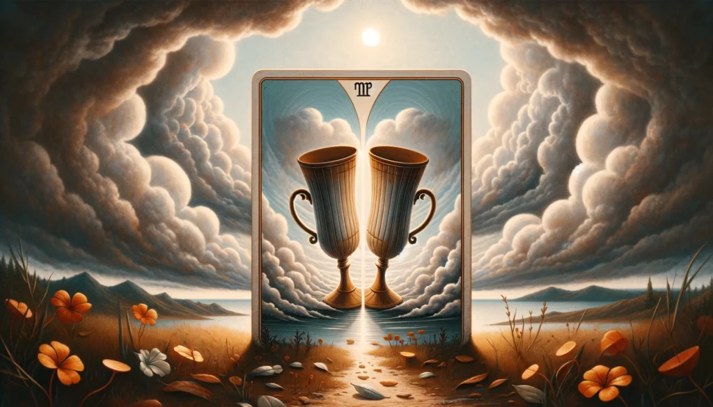 "Artwork portraying two cups turned away from each other or overturned, symbolizing relationship challenges and emotional disconnection. Set against a backdrop encouraging introspection, conveying the nuanced message of the Reversed Two of Cups in decision-making contexts. Despite caution, elements hint at potential clarity and mutual understanding, suggesting the possibility of overcoming obstacles through effort and communication."