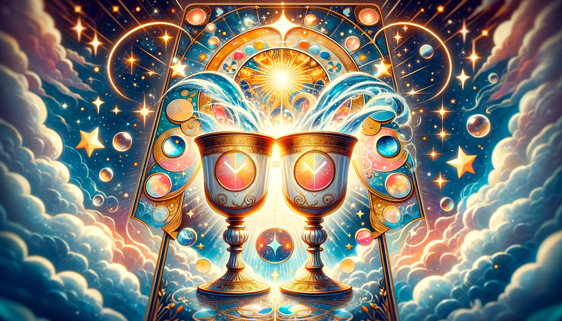 "Illustration depicting two overflowing cups closely positioned, surrounded by symbols of affirmation against a vibrant backdrop. Reflects the essence of mutual agreement, harmonious union, and clarity symbolizing a definitive 'Yes' in a Tarot reading, suggesting successful partnerships and positive outcomes."