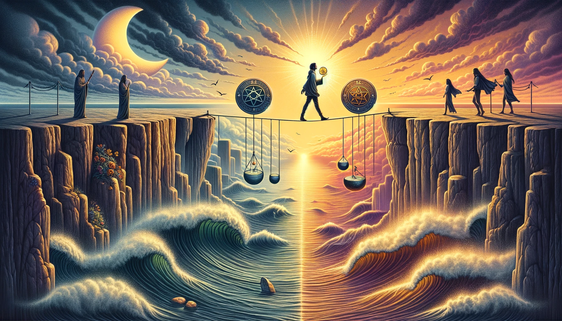 An illustration showing a character walking a tightrope between cliffs, with each hand holding a pentacle representing different emotional states. The scene vividly portrays the balancing act of fluctuating emotions and the complexity of managing feelings, echoing the themes of the Two of Pentacles card.