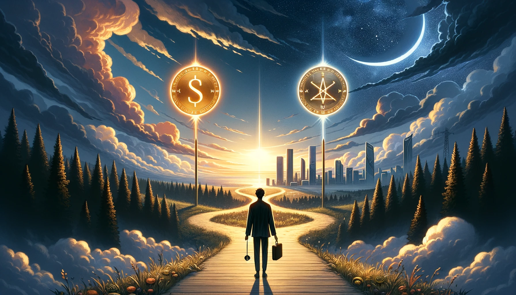 An illustration showing a figure at a crossroads holding two pentacles, symbolizing the balance between professional success and personal fulfillment. The image captures the complexity of human desires and the ongoing quest to find harmony between them.