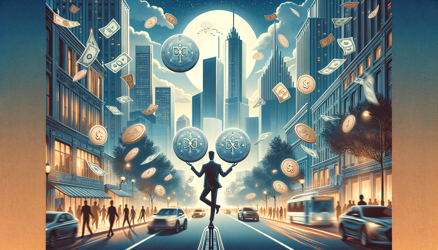 An illustration depicting a person skillfully balancing two pentacles against an urban backdrop, symbolizing the essence of navigating through life's complexities and maintaining balance amidst the bustling dynamics of modern living. The image encapsulates the themes of adaptability, flexibility, and equilibrium in the face of multiple responsibilities, as suggested by the Two of Pentacles card.