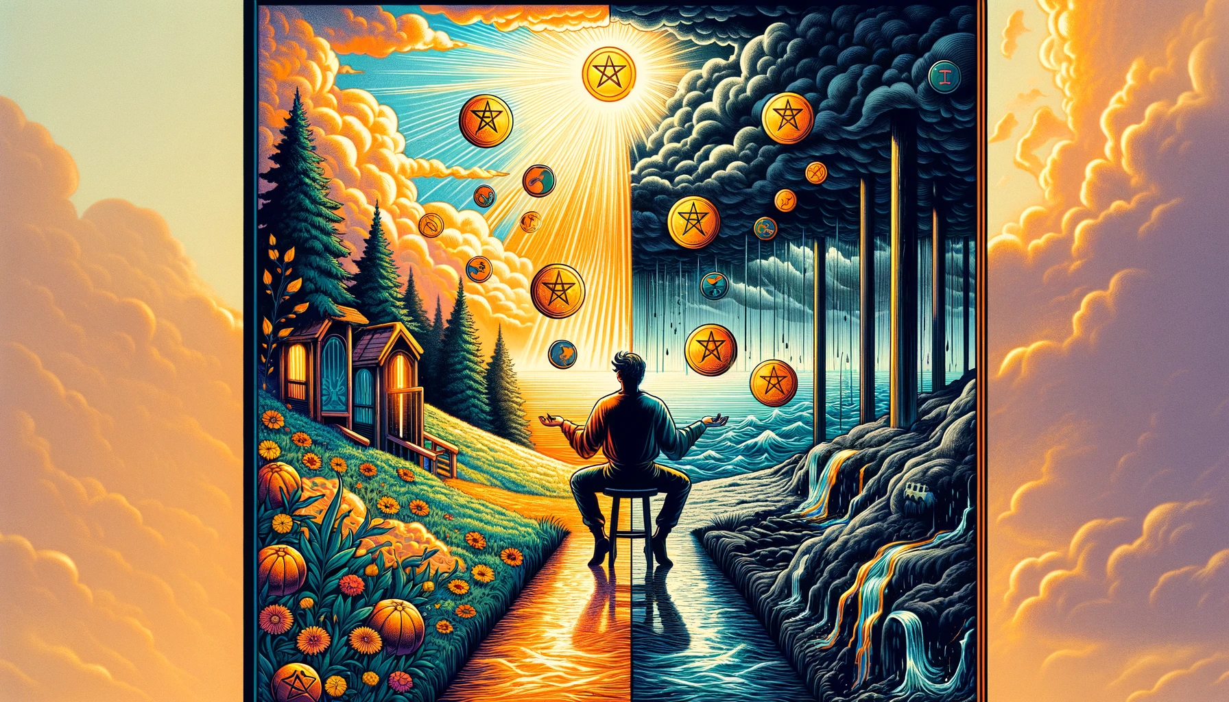 An illustration showcasing the dual nature of the card, with one side depicting a figure skillfully juggling pentacles in a sunny landscape symbolizing a "Yes" through balance and adaptability, while the other side shows a figure with fallen pentacles in a stormy setting indicating a "No" due to imbalance and indecision. This visual emphasizes the significance of effective responsibility management in determining the outcome.