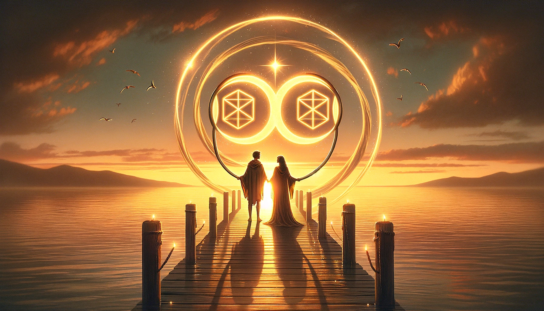 An illustration symbolizing balance and adjustment in a relationship, featuring a couple holding parts of an infinite loop with glowing pentacles, set against a serene sunset backdrop, representing ongoing effort and mutual understanding needed to navigate love's complexities.