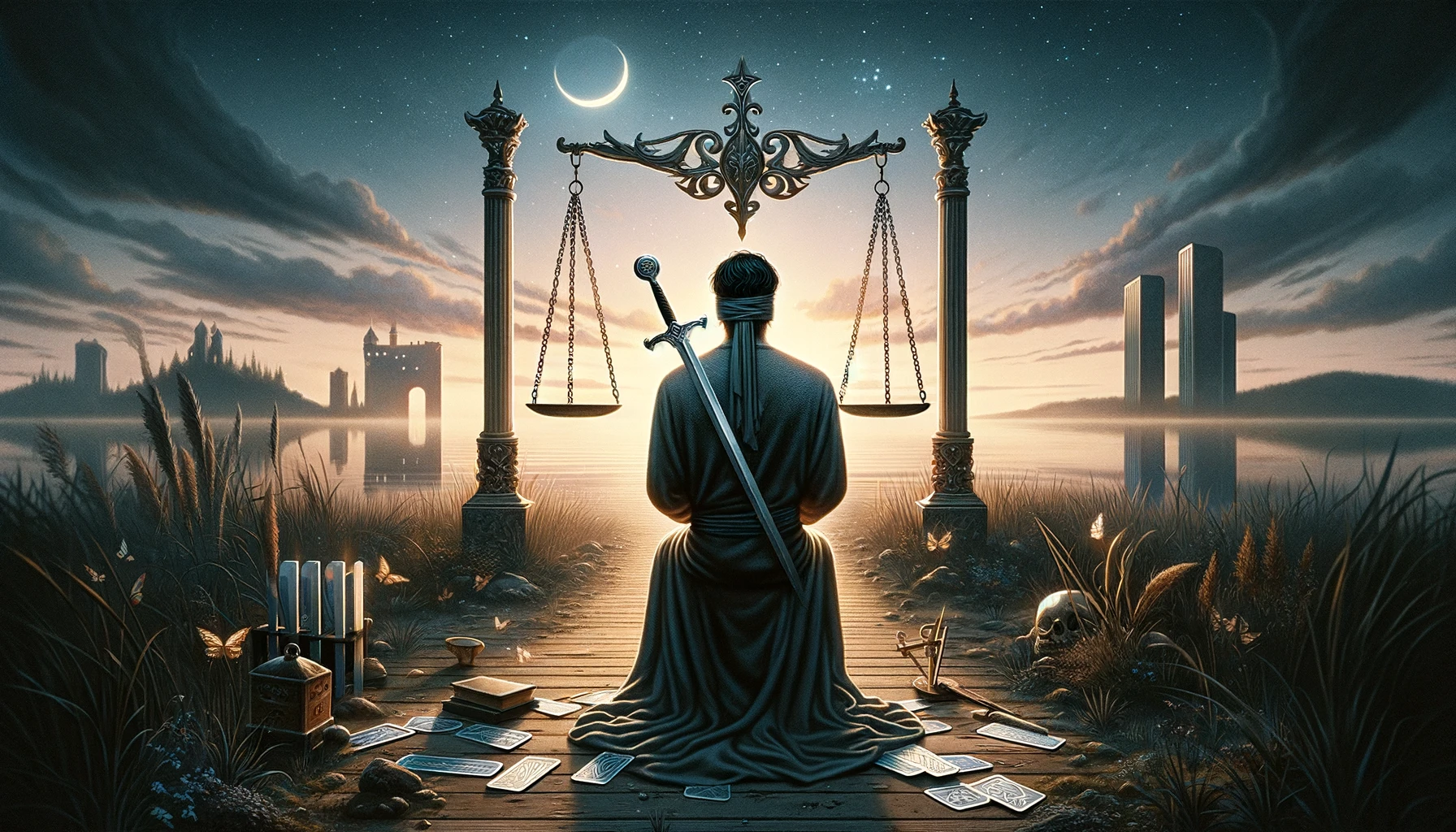 "Illustration depicting an individual embodying qualities of balance and indecision, facing the challenge of making decisions amidst uncertainty and the potential for peace through compromise, set against a backdrop symbolizing the theme of equilibrium and the complexity of decision-making."