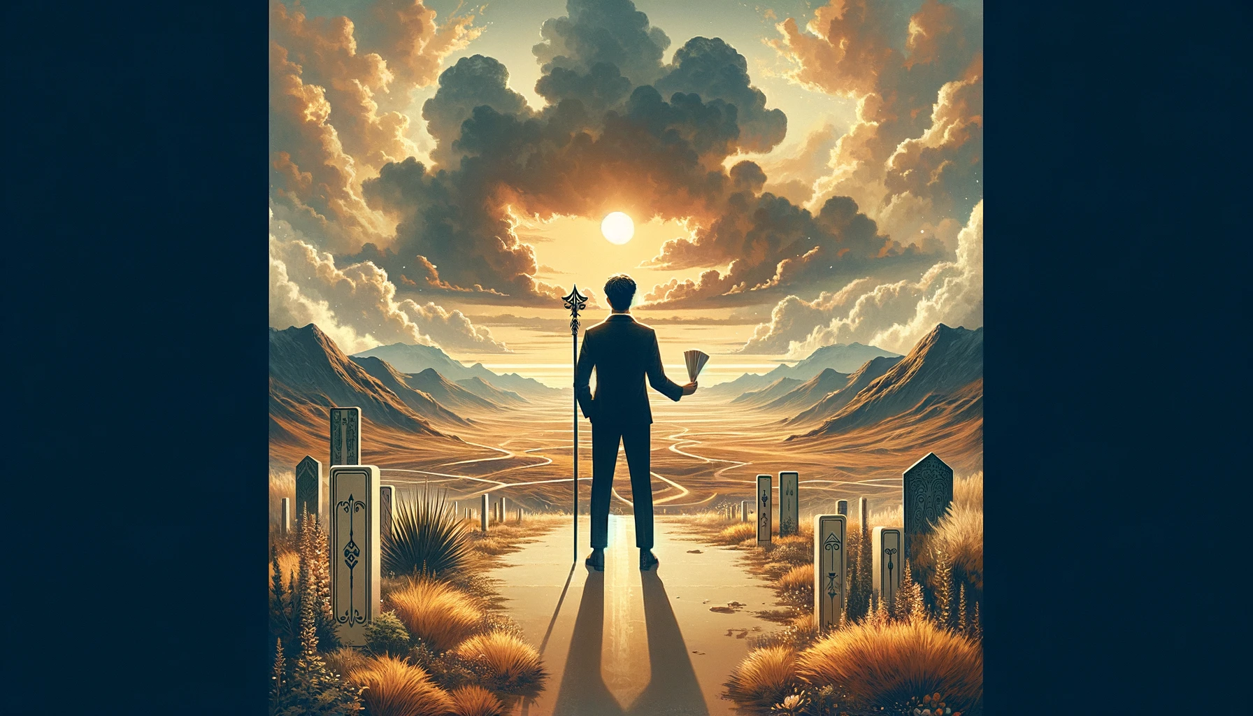 "An individual stands atop a cliff, overlooking a vast and diverse landscape. Their gaze is focused forward, towards distant horizons, embodying the spirit of exploration and decision-making. The image evokes the visionary path of crafting one's destiny amidst a world of boundless possibilities."