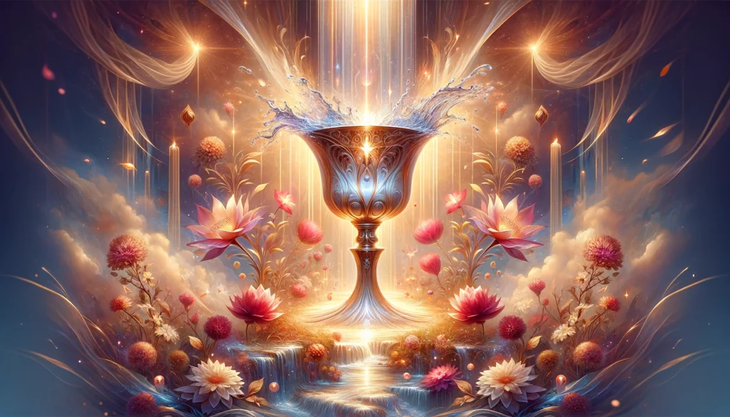 "Illustration portraying the essence of heartfelt emotional beginnings and abundance of positive feelings symbolized by the Upright Ace of Cups. Depicts an overflowing cup in a serene, nurturing environment, representing the capacity for love, growth, and nurturing deep emotional bonds."