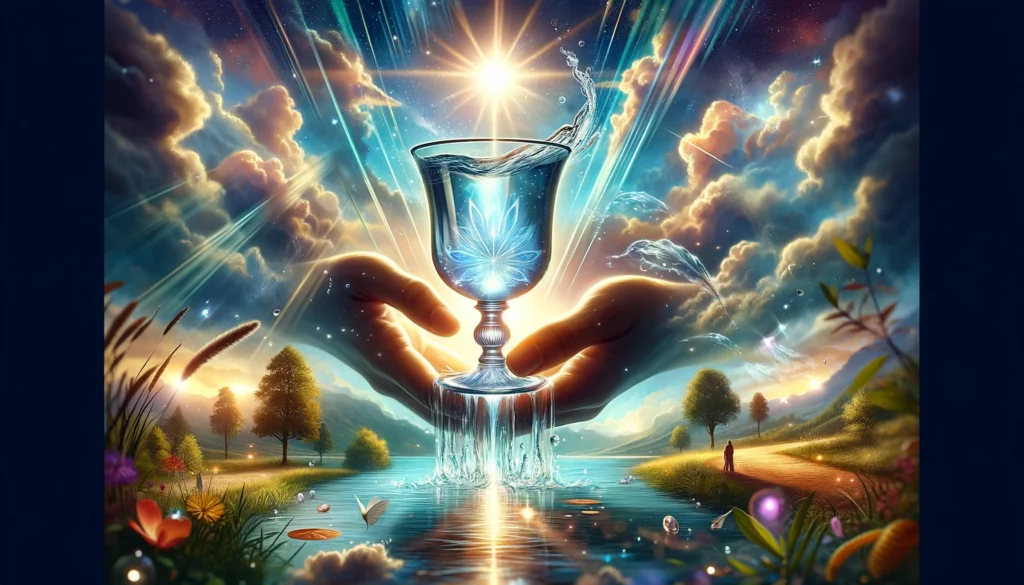 "Illustration portraying the Ace of Cups symbolizing pure emotional desires and the anticipation of new beginnings in love and connections. An illuminated cup against a backdrop of hope and possibilities evokes longing for emotional fulfillment and readiness for deep, meaningful relationships."