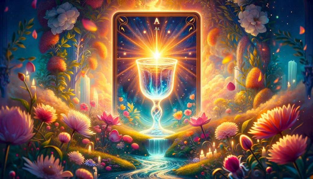  "Illustration representing the Ace of Cups symbolizing new emotional beginnings and spiritual awakening. An upright, glowing cup surrounded by symbols of life, renewal, and growth reflects the transformative energy of the card in uplifting one's emotional and spiritual journey."





