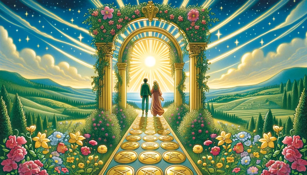 An illustration symbolizing a flourishing relationship, depicting a couple standing hand in hand under a golden archway, representing a path toward abundance, prosperity, and a stable foundation for the future, as portrayed by the Ace of Pentacles in a romantic context.






