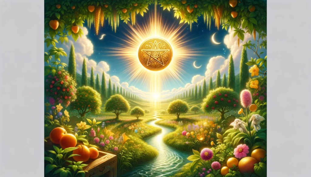 An image depicting a radiant golden pentacle situated within a lush and flourishing landscape. Symbolizing new financial beginnings, prosperity, and the yearning for stability and success, the glowing pentacle embodies the potential for growth and the fulfillment of material desires.