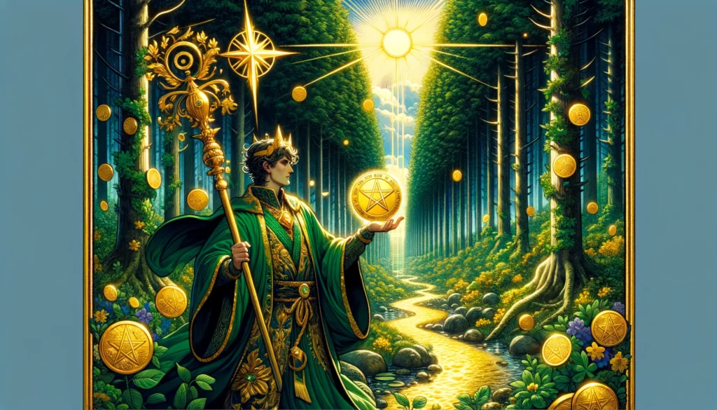 An illustration representing wealth, prosperity, and the achievement of material goals, featuring a confident character standing amidst a vibrant setting, signaling guidance towards prosperity and abundance as depicted by the Ace of Pentacles.