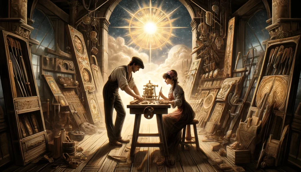 The image depicts a couple working closely together on a creative project, their focus evident as they collaborate to craft something beautiful. They are engaged in conversation, their expressions conveying mutual understanding and determination. Surrounding them are tools and materials, symbolizing the resources they have at their disposal to nurture their relationship. The scene exudes warmth and intimacy, reflecting the couple's dedication to building a solid and enduring bond. This visualization embodies the themes of persistence, craftsmanship in relationships, and the rewards of mutual effort and commitment to shared goals in love.