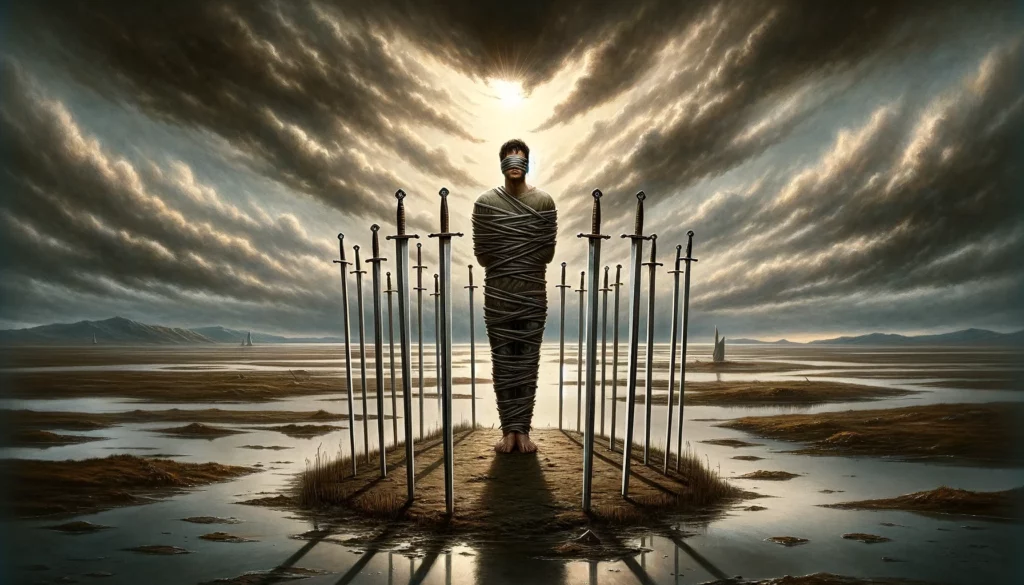 "A person bound and blindfolded amidst eight swords stuck in the ground, symbolizing feelings of being trapped or restricted, set against a barren landscape with overcast skies hinting at a path to escape, representing mental imprisonment and the potential for freedom through self-awareness and courage."