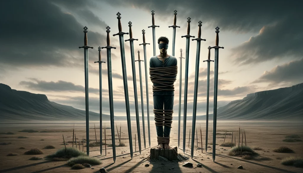"Illustration depicting feelings of entrapment within a relationship, featuring a figure bound and blindfolded amidst eight swords in a sparse landscape. Despite the desolation, subtle hints of escape suggest liberation through introspection and communication, emphasizing the importance of addressing internal conflicts for emotional freedom."





