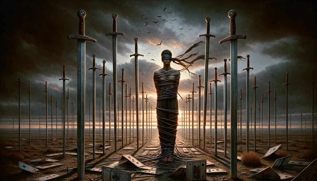 "Illustration depicting a person bound and blindfolded amidst swords in a barren landscape, symbolizing feelings of entrapment by one's thoughts or circumstances. Despite the confinement, subtle cues suggest paths to liberation through awareness, self-reflection, and courage to embrace one's true self and potential."