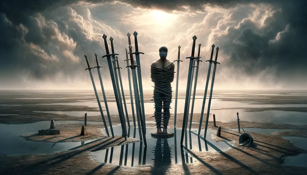  "Illustration showing a figure surrounded by swords, blindfolded, and appearing trapped, symbolizing feelings of being overwhelmed, restricted, and mentally confined by circumstances. The image suggests the themes of entrapment, the influence of mindset on one's situation, and the possibility of liberation through awareness and courage."





