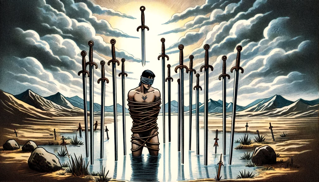 "Illustration symbolizing a situation of restriction or caution, suggesting a 'No' answer. Depicts a blindfolded figure surrounded by swords, conveying a sense of feeling trapped or limited, set in a barren landscape. Subtle cues hint at potential liberation and positive change through introspection and shifting perspectives."