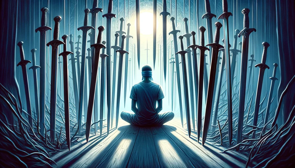 "Illustration portraying a figure bound and blindfolded amidst a circle of swords, symbolizing feelings of being trapped and restricted. The image conveys the emotional complexity depicted in the Eight of Swords tarot card, highlighting the potential for inner reflection and self-awareness amidst challenging circumstances."





