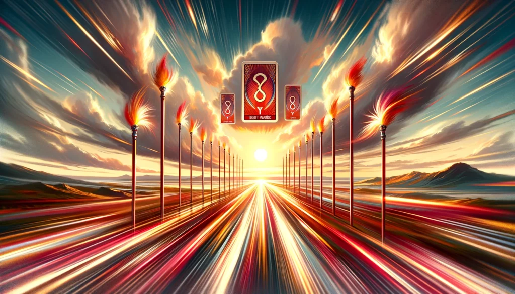 The image depicts wands flying straight towards a target or horizon, symbolizing swift action, quick progress, and positive momentum towards achieving goals. The clear path forward suggests a strong 'Yes' in response to the question posed, enriching the visual representation with the symbolism of clarity, determination, and achievement.