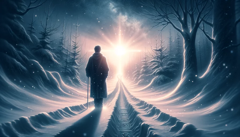 A solitary figure stands on a snow-covered path, surrounded by desolation and loneliness. The scene symbolizes the emotional toll of financial difficulties, exclusion, and the feeling of being unsupported. Despite the bleakness, a distant light shines faintly, offering a glimmer of hope and the potential for change. This visualization captures the complex emotions associated with the Five of Pentacles tarot card, highlighting the duality of experiencing hardship while holding onto the faint yet persistent hope for a brighter future. It underscores the importance of seeking support and the potential to overcome adversity.