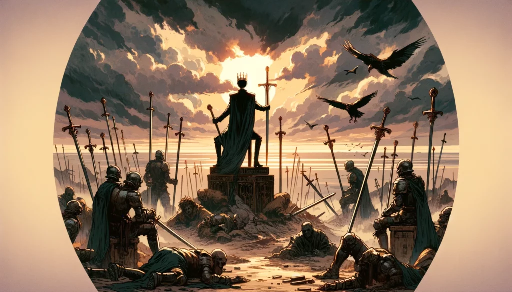  "Illustration portraying the pursuit of victory and dominance, embodied by a figure exuding ambition, against a backdrop suggesting the isolation and estrangement resulting from such pursuits."






