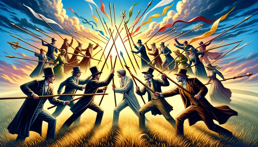 An image illustrating a scene of competition, struggle, and dynamic energy, symbolizing conflicting interests. The visual depicts individuals engaged in competitive activities, highlighting the constructive aspects of competition and the growth derived from facing challenges. Set against a backdrop resembling an arena, it emphasizes the intensity and vibrancy of the struggle, enriching the article with insights into the dynamics of competition in various contexts.