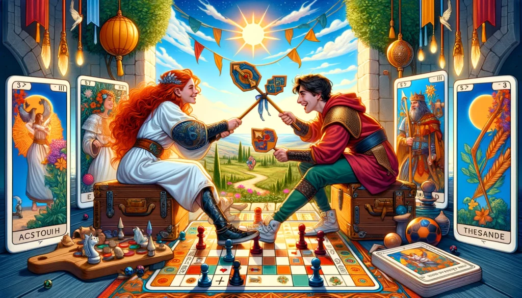  An image showing a couple playfully engaging in a challenge, highlighting themes of healthy competition and dynamic interactions that strengthen their relationship. The visual emphasizes the constructive nature of facing and overcoming obstacles together, set against a lively and colorful backdrop that reflects the vibrancy and energy brought into the relationship by such interactions.





