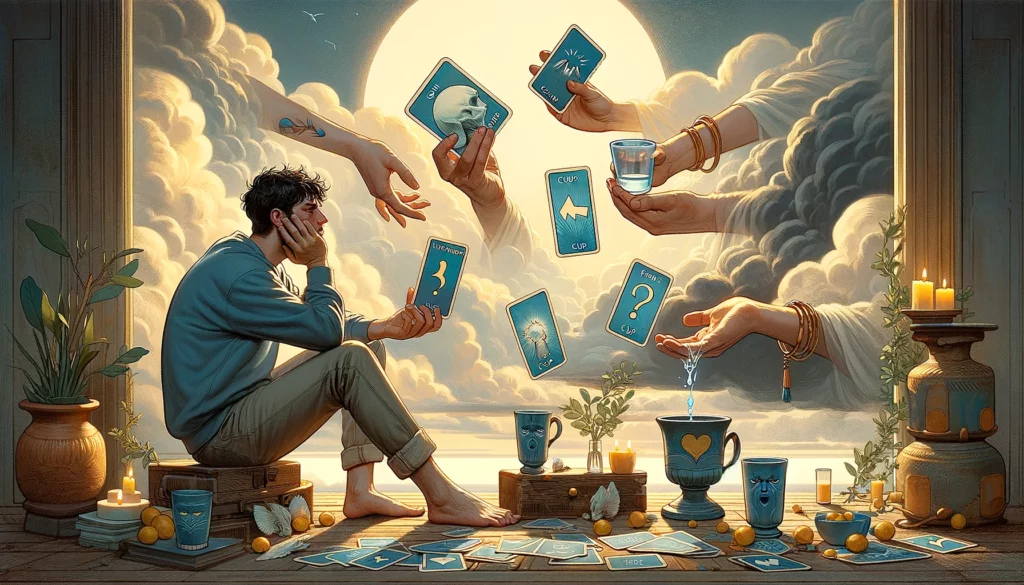 "An illustration portraying internal conflict and emotional contemplation. A character sits amidst three cups representing indifference, with a fourth cup offered from a cloud symbolizing a missed opportunity for growth. The scene evokes introspection and reflection, hinting at the potential for change and new emotional experiences."





