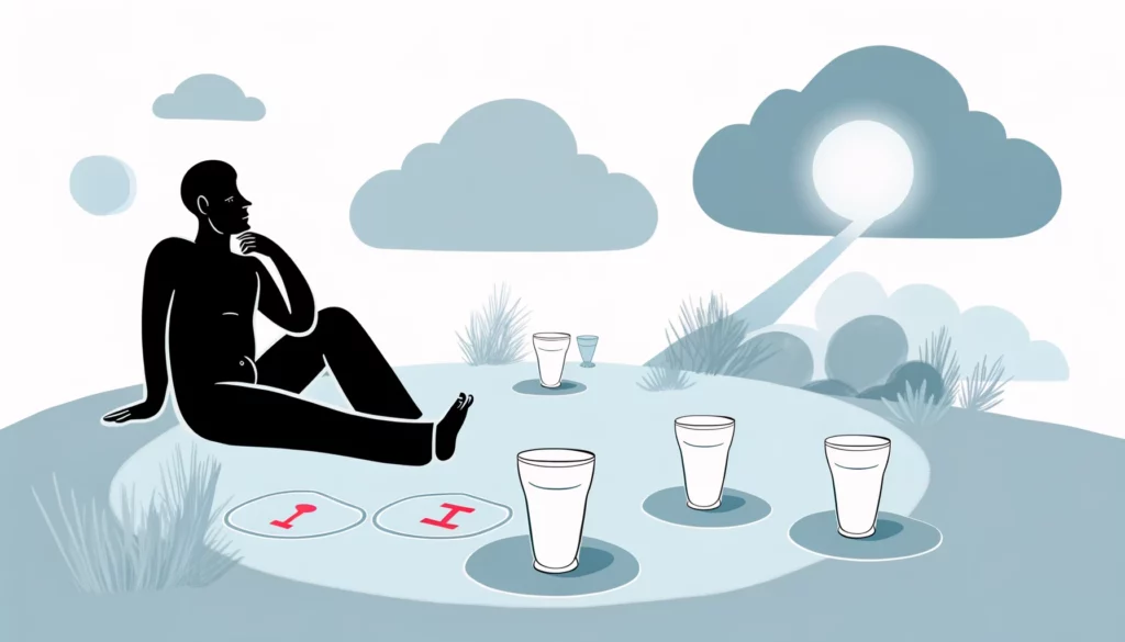  "Artwork featuring a figure surrounded by three cups, contemplating missed emotional opportunities, with a fourth cup offered from a cloud. The scene conveys themes of introspection, missed chances in love, and the potential for realization and new emotional paths through awareness and reflection."





