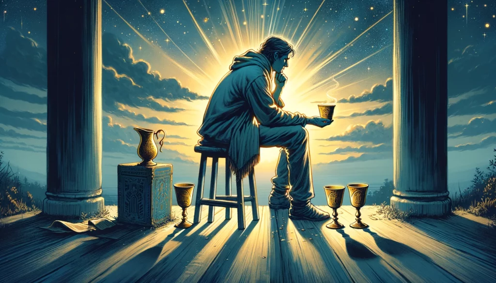  "An illustration portraying a contemplative figure surrounded by three cups, reflecting feelings of dissatisfaction or apathy towards current offers or situations. A fourth cup is being offered unnoticed, symbolizing overlooked opportunities for fulfillment. The serene setting emphasizes the need for self-reflection and the potential for missing valuable chances for change. Despite initial apathy, subtle cues within the image suggest an openness to new possibilities, indicating a latent desire for something more meaningful."